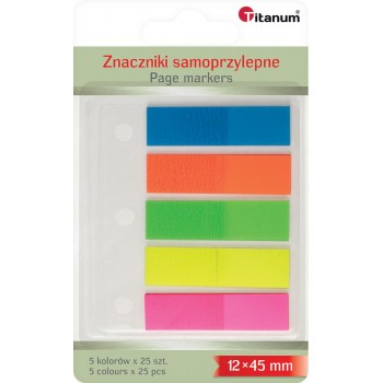 Znaczniki samoprzylepne Titanum PP, 12x45, 4 kolory, z wpięciem do segregatora