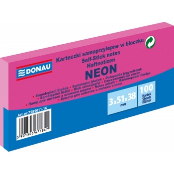 Notes samoprzylepny Donau Neon 51x38mm, 3x100 karteczek, neonowy różowy