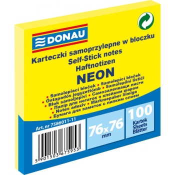 Notes samoprzylepny Donau Neon 76x76mm, neonowy żółty