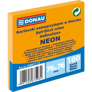 Notes samoprzylepny Donau Neon 76x76mm, neonowy pomarańczowy