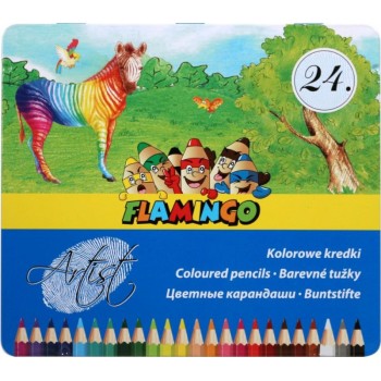 Kredki ołówkowe w metalowym pudełku Flamingo 24 kolory