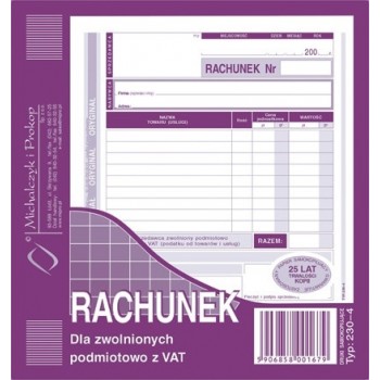 Rachunek dla zwolnionych podmiotowo z VAT 230-4 MiP 2/3 A5