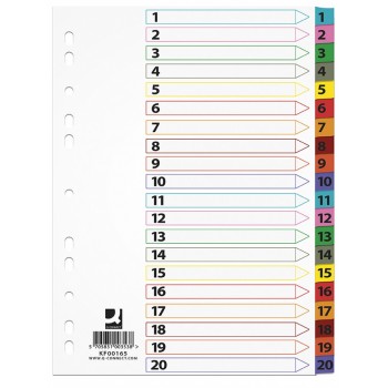 Przekładki kartonowe Q-Connect Mylar A4, numeryczne, 1-20, 20 kart, lam. indeks, mix kolorów