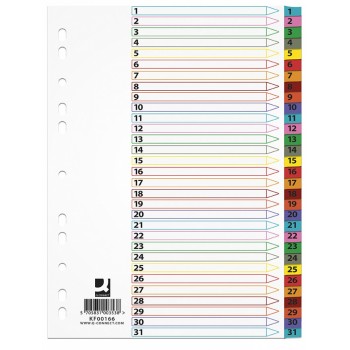 Przekładki kartonowe Q-Connect Mylar A4, numeryczne, 1-31, 31 kart, lam. indeks, mix kolorów