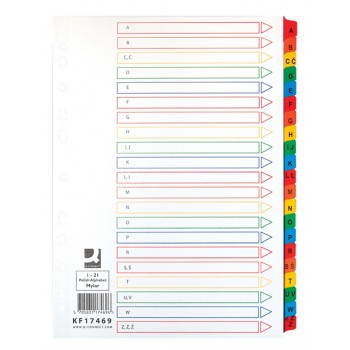 Przekładki kartonowe Q-Connect Mylar A4, alfabetyczne, A-Z, 21 kart, lam. indeks, mix kolorów